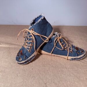 Embroidered Denim Lace-Up Espadrille Boots – Boho Festival Style (Women’s 6)